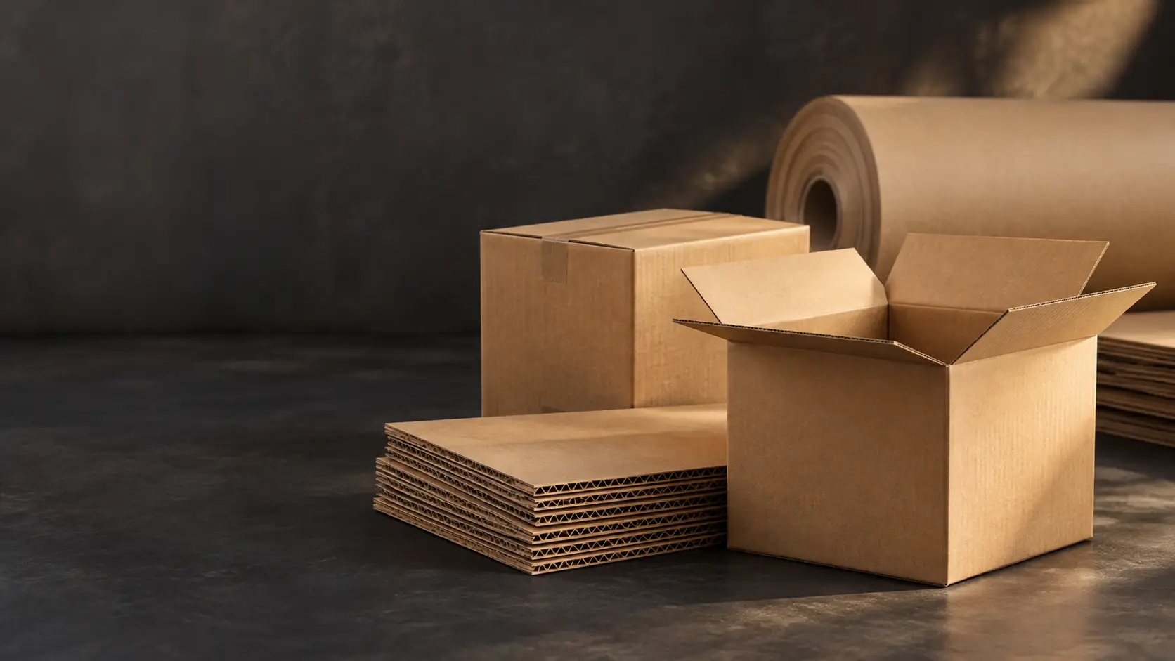 Corrugated boxes and stacked sheets beside a kraft paper roll