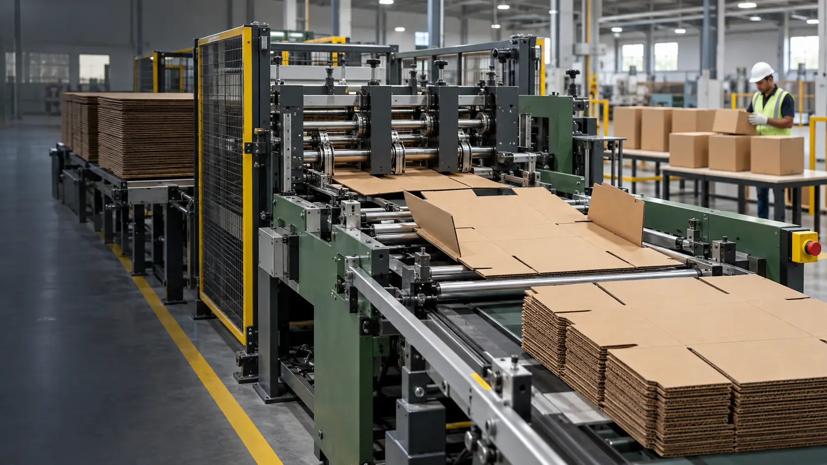 Corrugated sheets being slotted and folded on a box-converting machine, beside stacked blanks and finished boxes