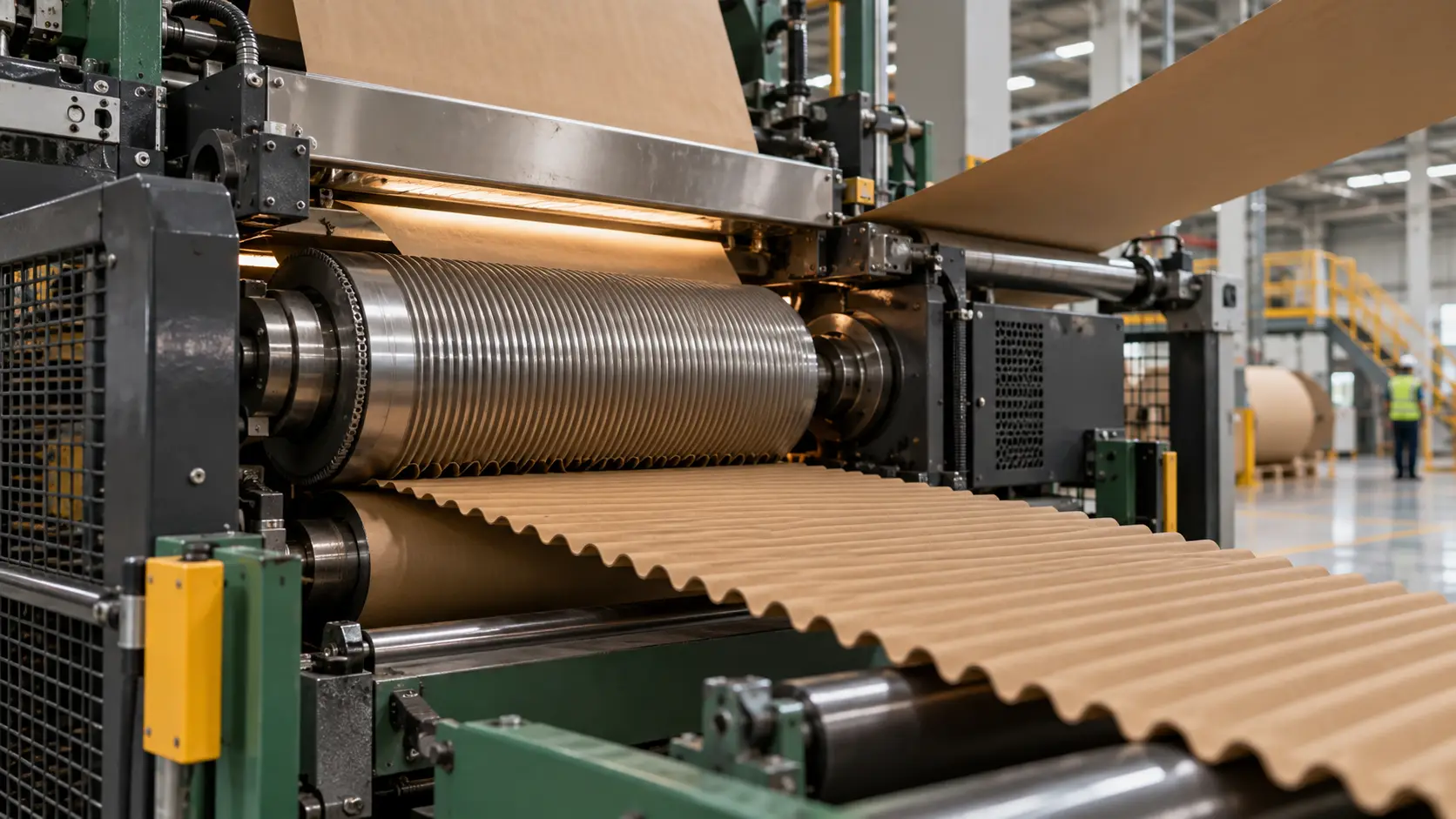 Kraft paper being formed into flutes between grooved corrugating rolls