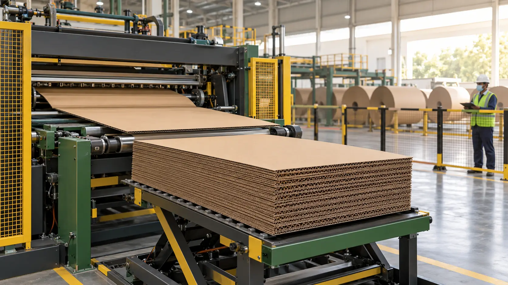 Stack of cut corrugated sheets with fluted edges beside a corrugating line
