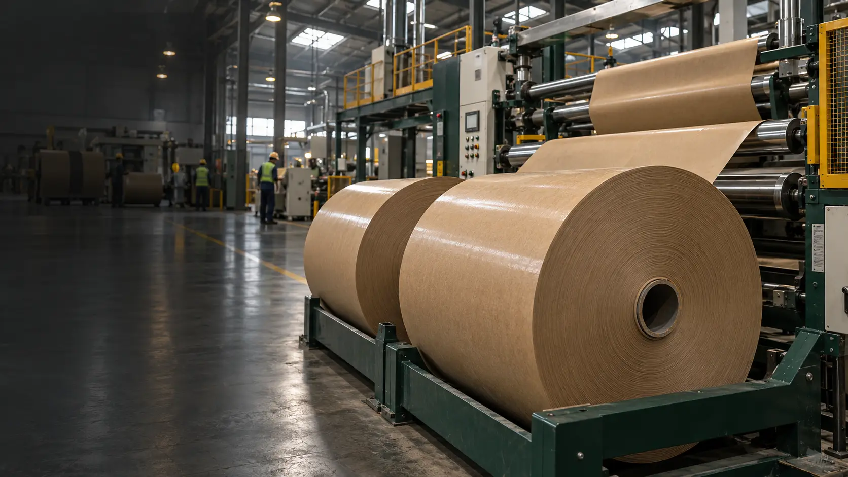 Large laminated kraft paper rolls feeding a converting machine