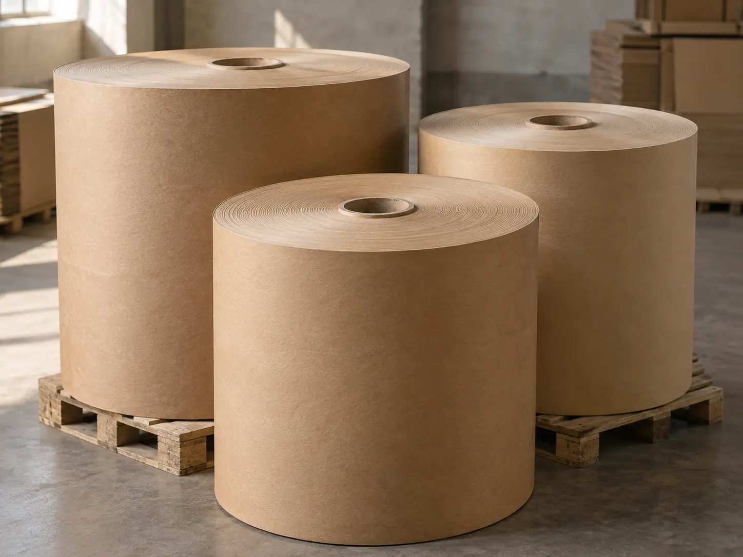 Kraft paper reels with visible wound layers and central cores