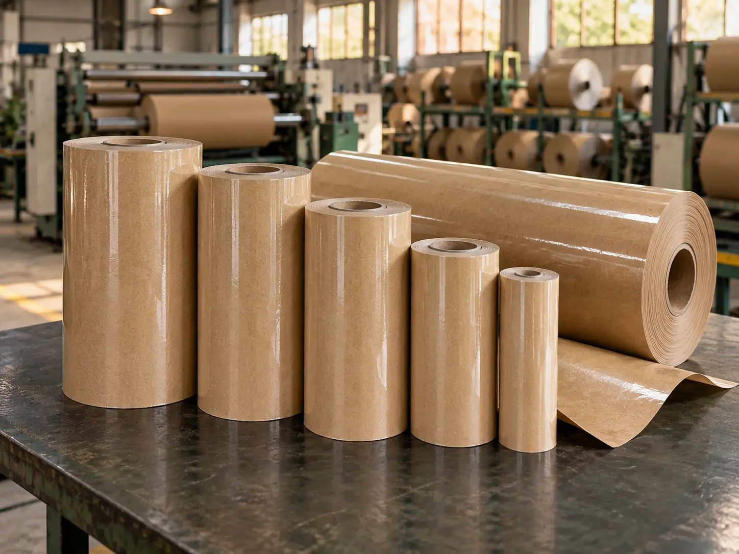 Laminated kraft paper rolls in different widths on a work table