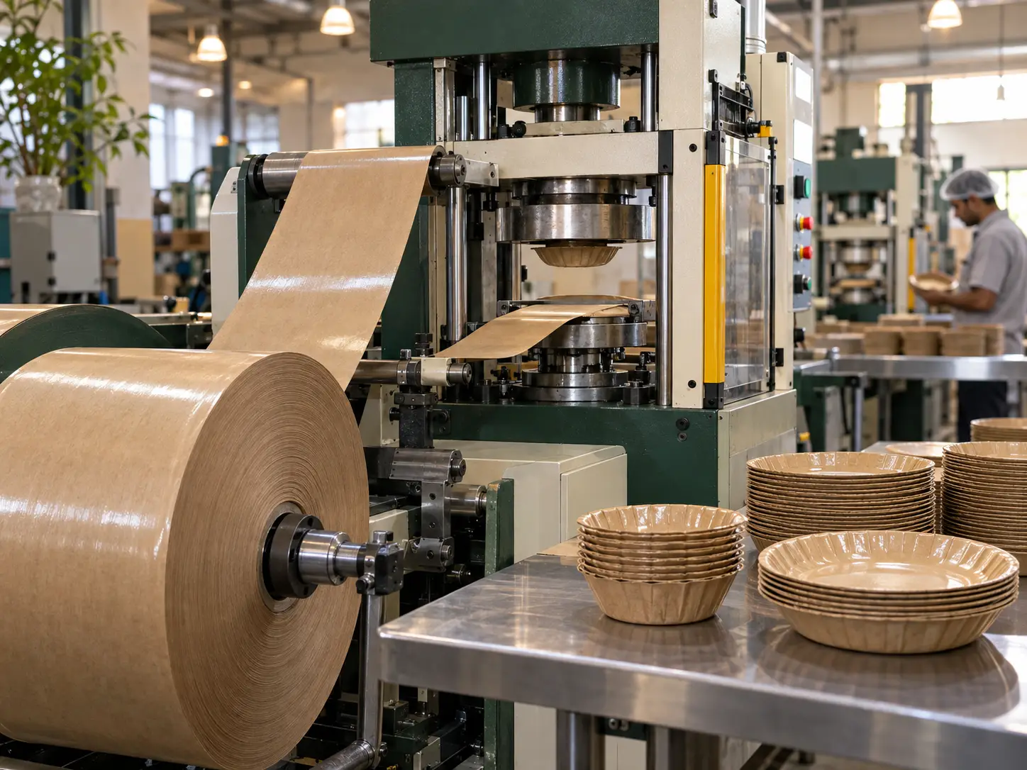 Laminated kraft paper roll feeding a forming press beside stacks of paper bowls and plates